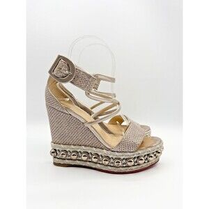 Christian Louboutin Silver Cataclou Wedge Espadriles Metal Accents Sz EU 36